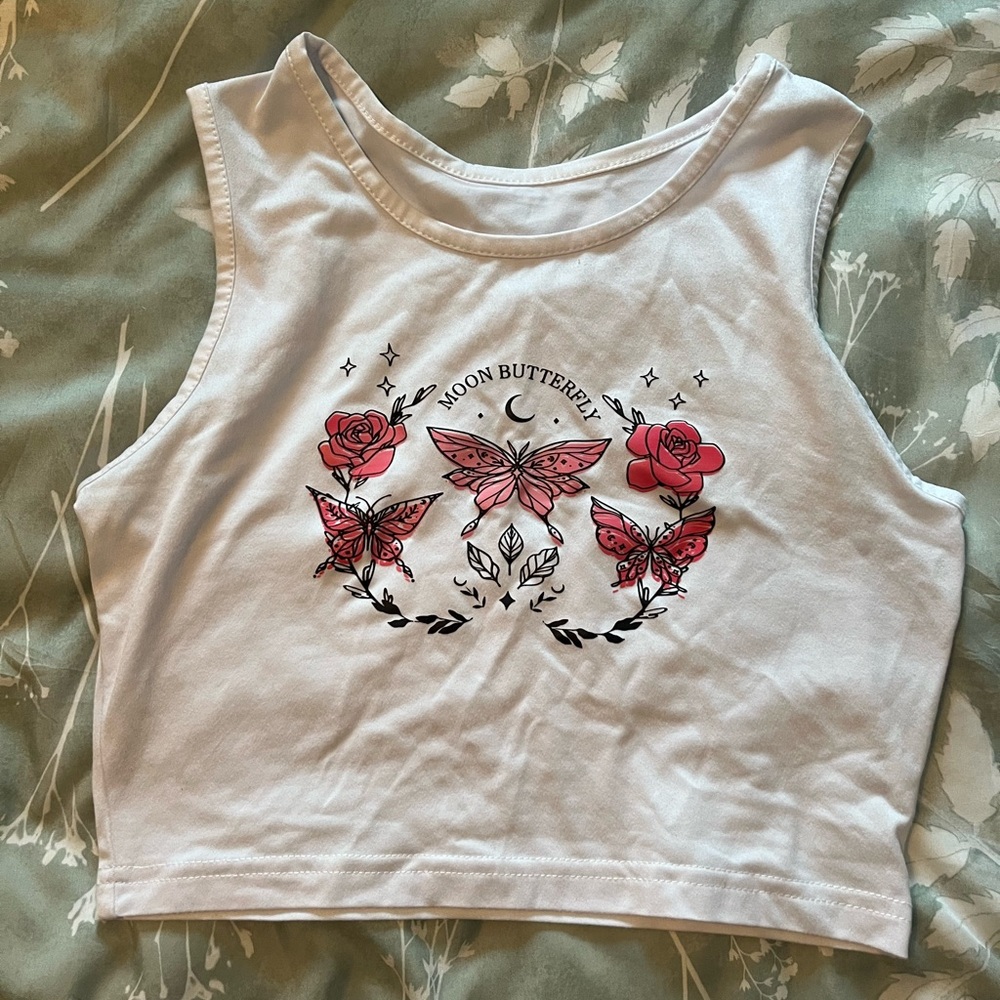 SHEIN White Crop Top with Pink Butterfly Design